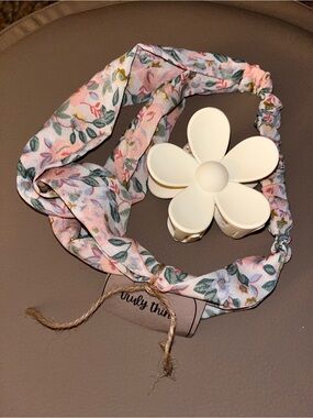 Floral Pink & Green Headband with White Flower Clip